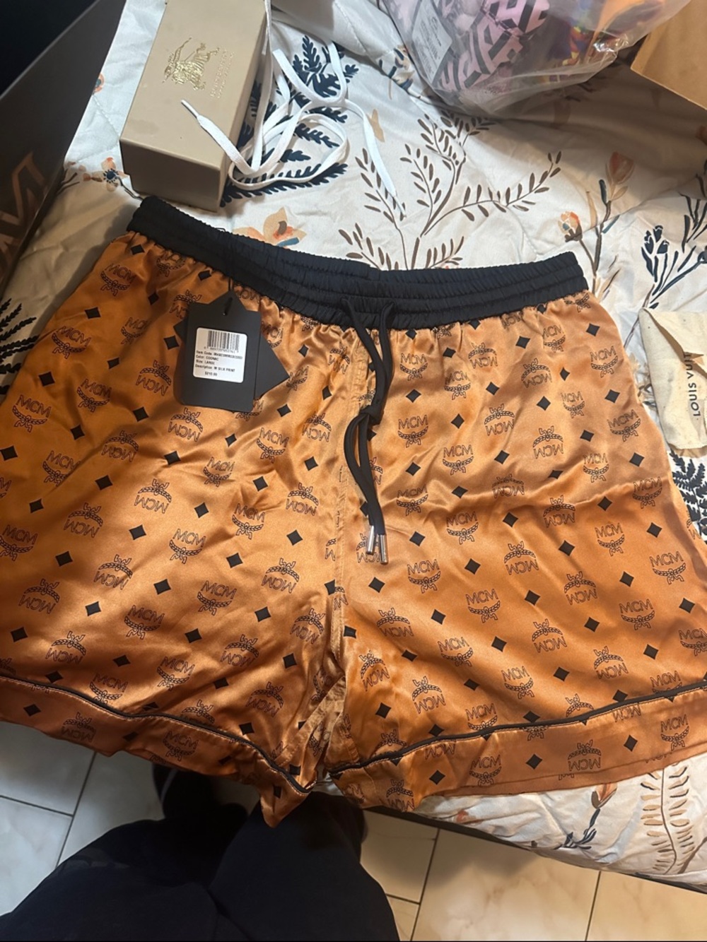 MCM Men's Logo Satin Athletic Shorts - Brown with Black Waistband